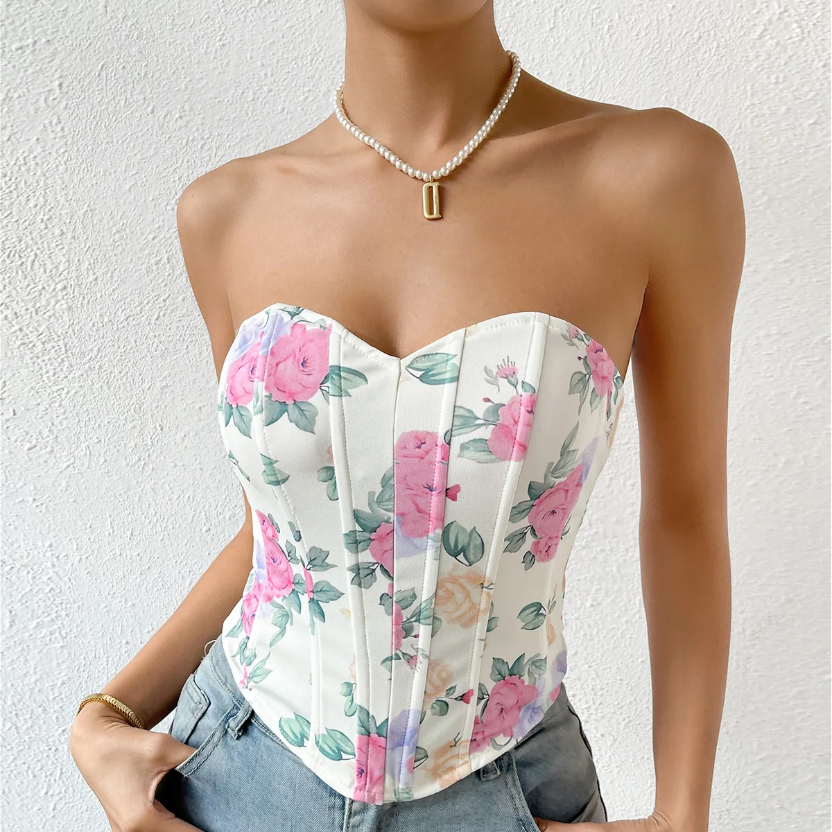 

2024 Summer Y2K Women's Solid Corset Cropped Top Sleeveless Rose Flower Tank Tube Tops Sexy Strapless Vest Skinny Tunic Camisole