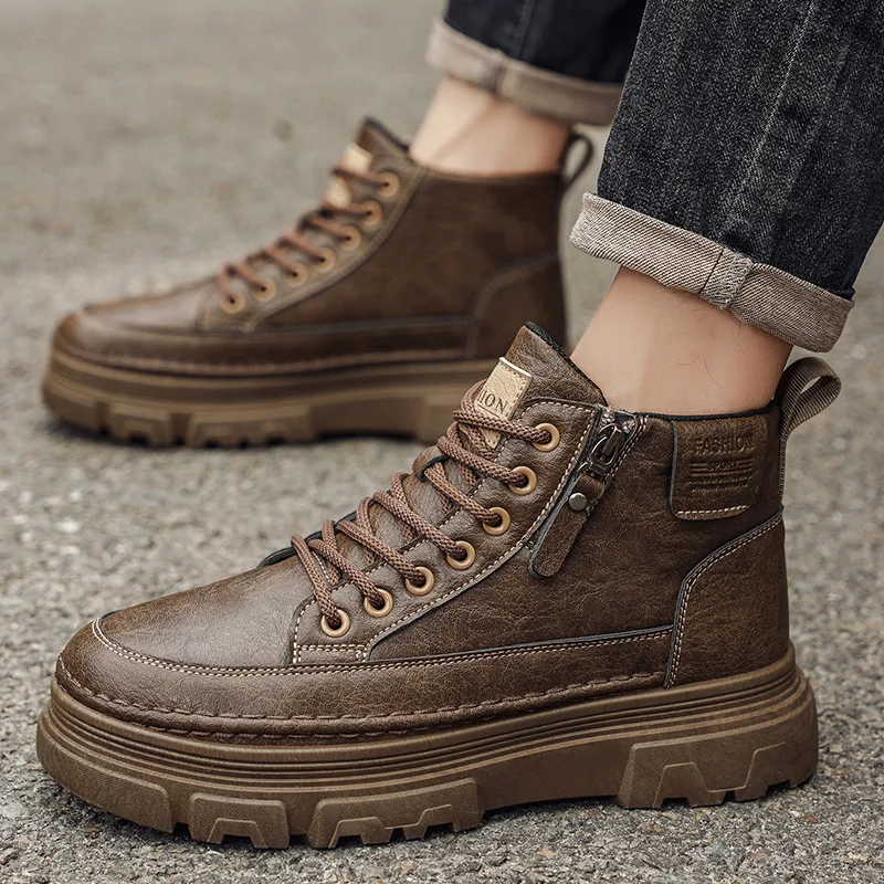Men Boots Autumn Leather Waterproof Mid-top Sports Shoes New Fashion Ankle Boots Casual Outdoor Hiking Boots Shoes Male Sneakers - 2