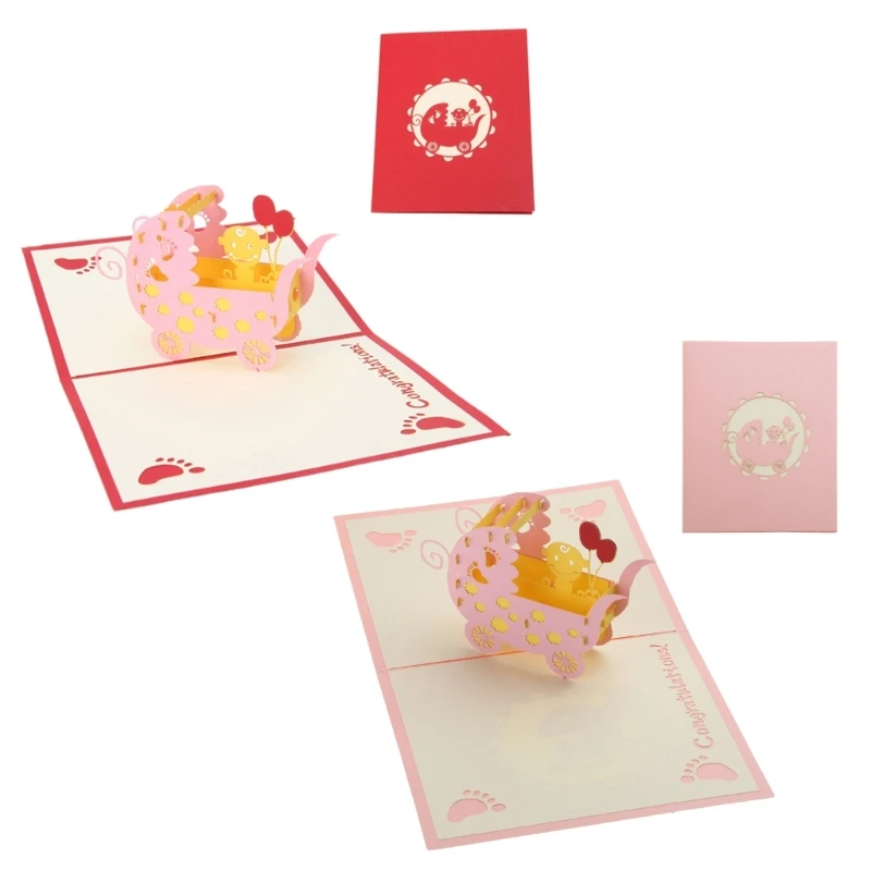 3D for Pop Up Greeting Cards Handmade Baby Carriages Stroller Card with Envelope for Kids Baby Boy Birthday Thanksgiving