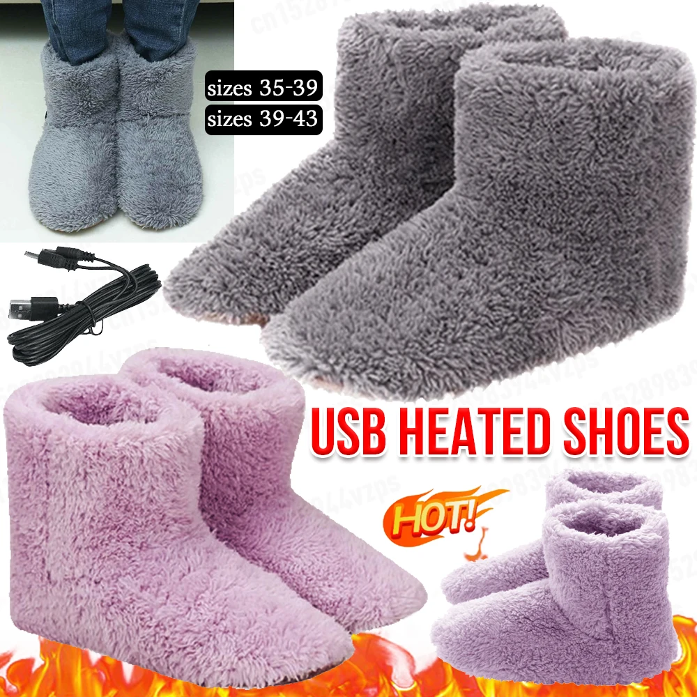 USB Electric Heated Shoes for Women Men Comfortable Plush Foot Warmer Washable Heated Shoes Winter Boots Indoor Outdoor