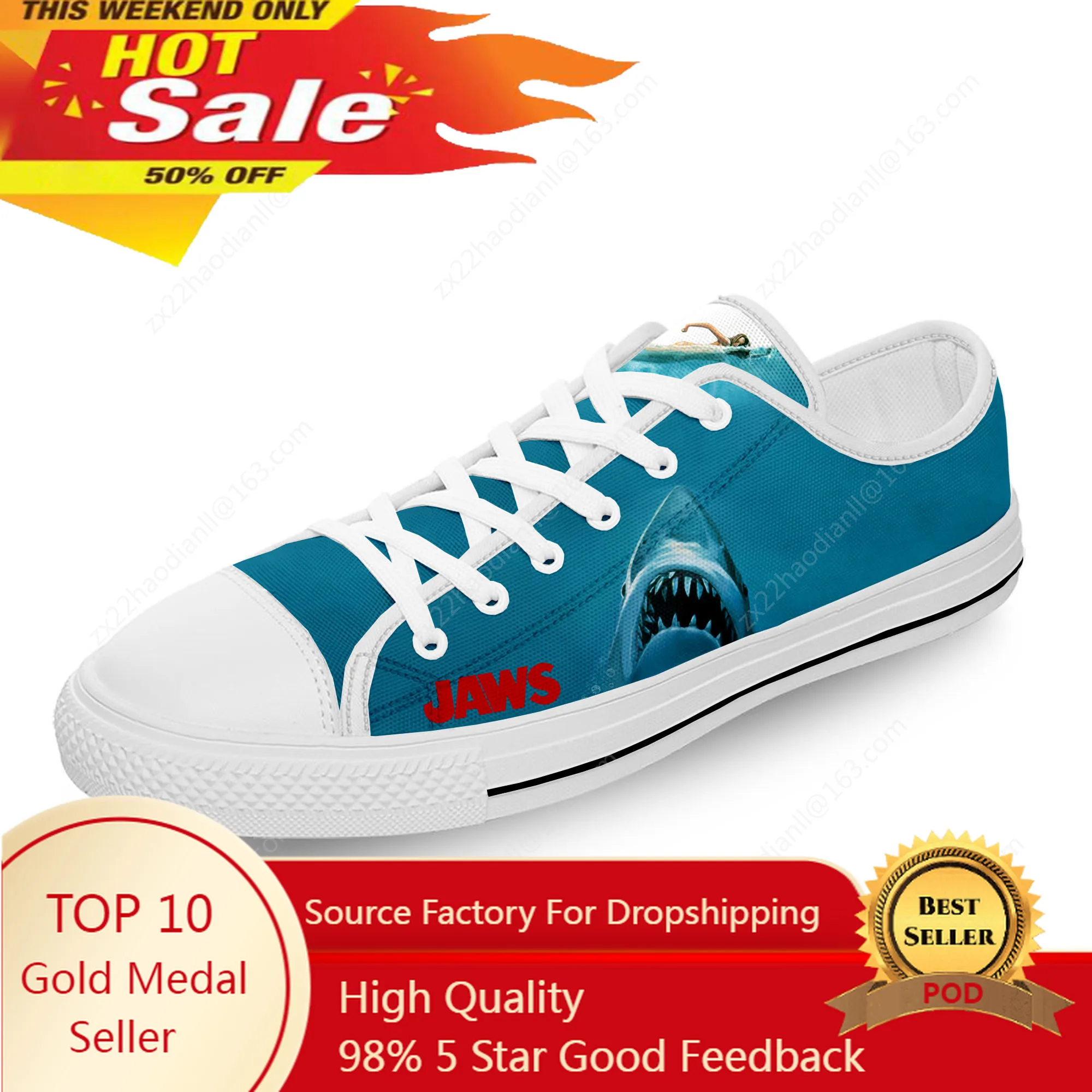 Jaws Movie Shark Horror White Funny Cloth 3D Print Low Top Canvas Fashion Shoes Men Women Lightweight Breathable Sneakers