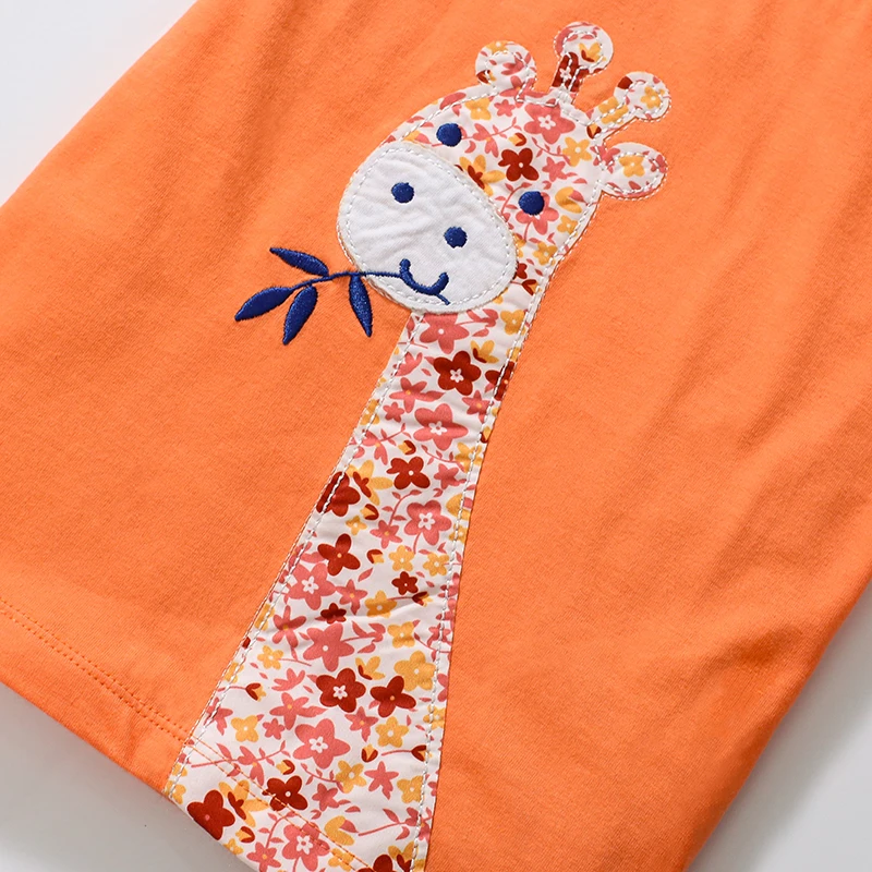 Little Maven 2024 Baby Tops T-Shirts Applikationen Kinder kleidung Orange T-Shirts Sommer Cartoon Giraffe Kinder kleidung