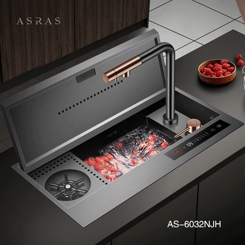 SUS 304 Stainless Steel Nanometer Flip Cover Hidden Cup Rinser Kitchen Sinks Ultrasonic Smart Purifying Bar Counter Island Sinks