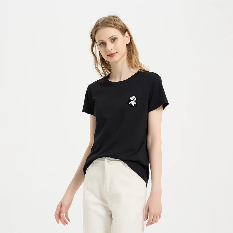 

Schinotch Short Sleeve T Shirt Women Modal Summer Loose Fit Pullovers T-shirts Female Pullovers Panda Embroidery Pattern Tee