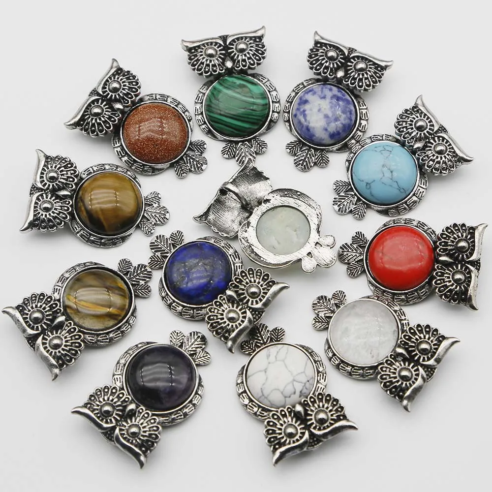 New Natural Semi Precious Stone Vintage Copper Plated Owl Cute Onyx Opal Pendant Charm Fashion DIY Jewelry Making Wholesale12Pcs