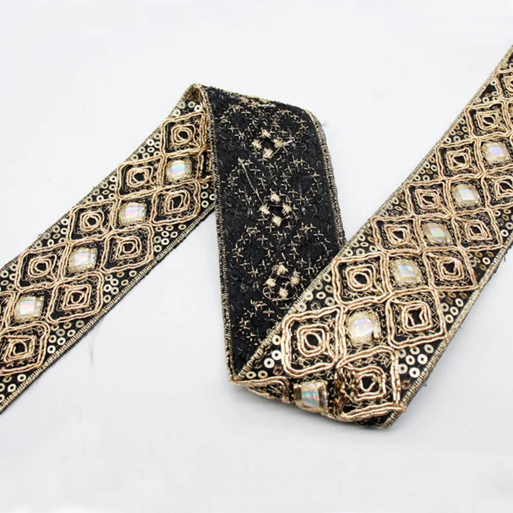 10Yards Rhinestone Diamond Sequined Ribbon Ethnic Embroidered Lace Webbing For DIY Sewing Trims Clothing Accessories