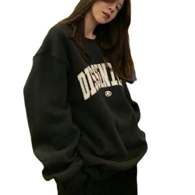 Women's Loose Fit Thin American Sle Hoodie Spring Autumn Trendy Hiphop High Street Casual Long Sve round Ne Print Top