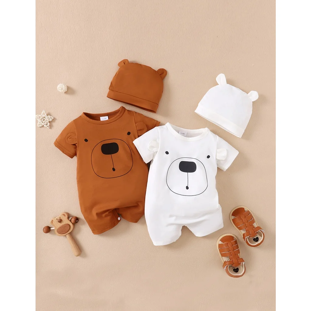 Baby Boy 0-18 Months Romper Newborn Baby Clothing Cute Bear Short Sleeves Bodysuit with Hat 2PCS Summer Infant Baby Boy Jumpsuit 1