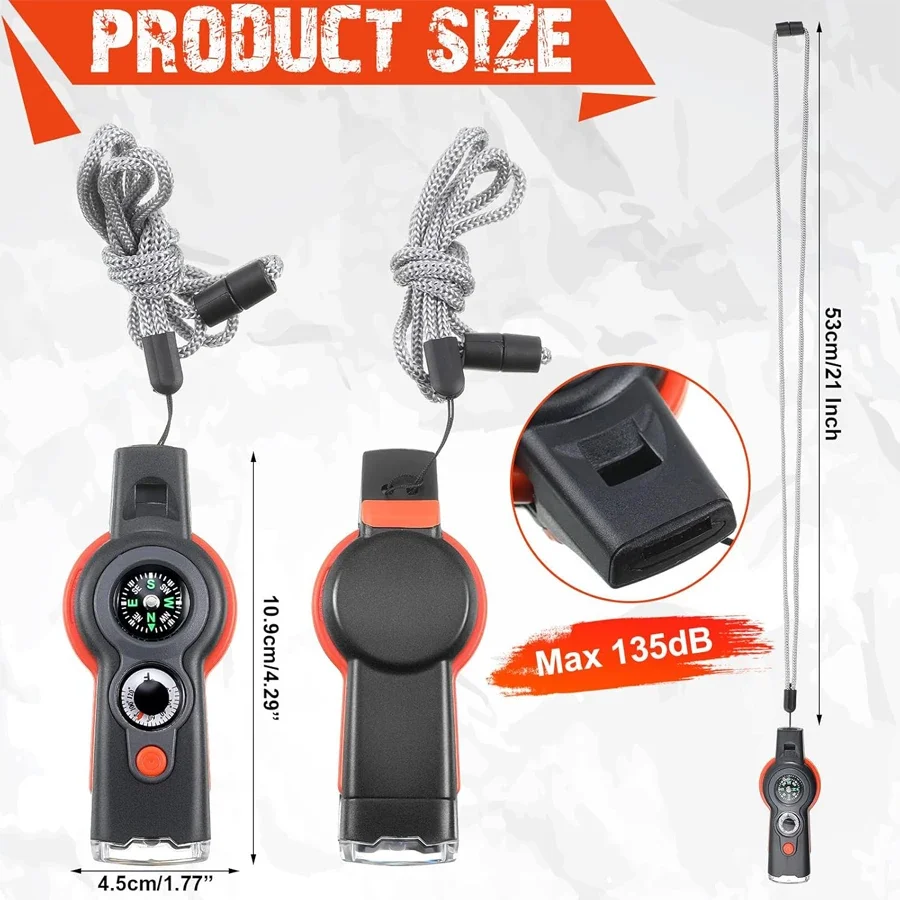7-in-1 emergency survival whistle with hanging rope-made of durable PVC material, for rowing, kayaking, hiking, camping