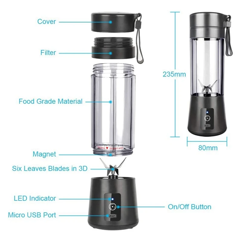 Licuadora portátil, licuadora personal para batidos y licuados, mini  licuadora de 17.6 onzas, vaso exprimidor con 6 cuchillas y 4000 mAh USB