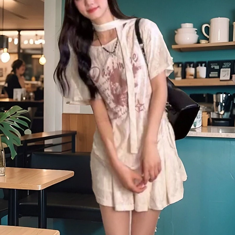 Summer Harajuku Letter Butterfly Print Grunge T-shirts Loose Streetwea Oversized Tops Women Y2k Aesthetic Casual Drawstring Tees 3