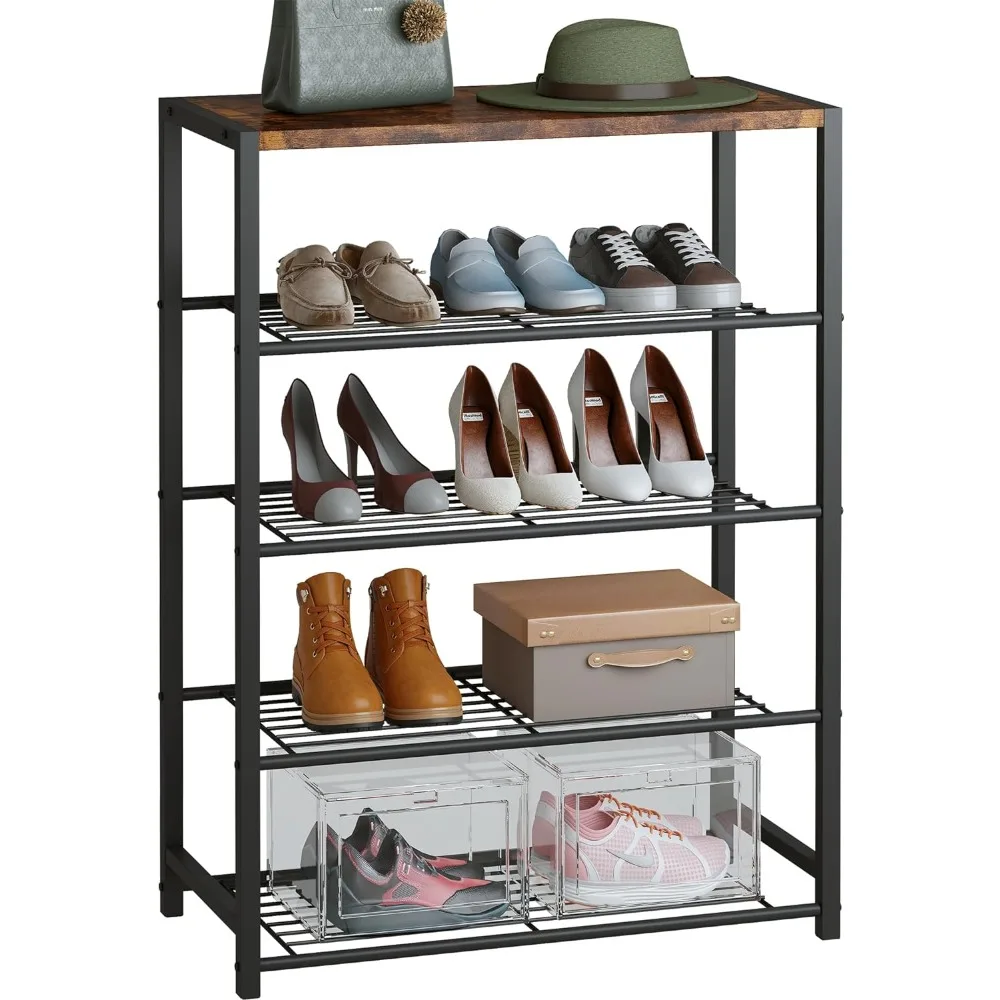 

k, 5 Tier Shoe Organizer Storage for Closet Entryway, Narrow Tall Metal Shoe Shelves with Industrial Wooden Top, Rustic Brown an