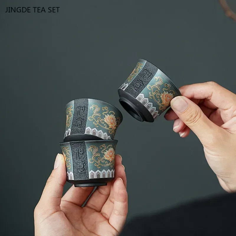 2 Pcs Chinese Purple Clay Teacup Exquisite Hand-painted Plum Blossom Pattern Tea Bowl Master Cup Teaware Drink Tea Accessories