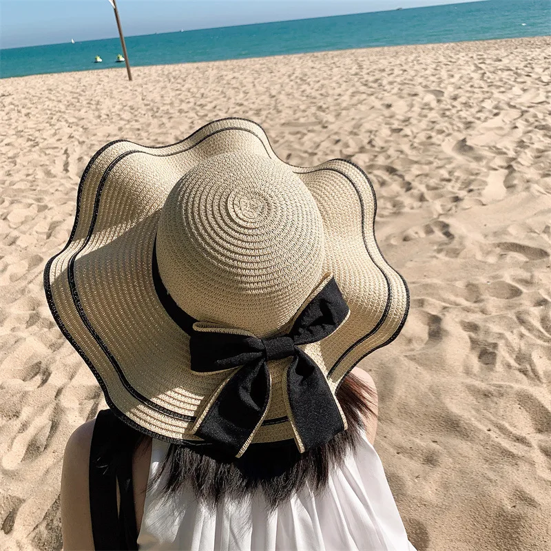 Breite Krempe Floppy Beach Bowknot Panama Lady Casual Sonnenhüte für Frauen Strohhut_voghion.com
