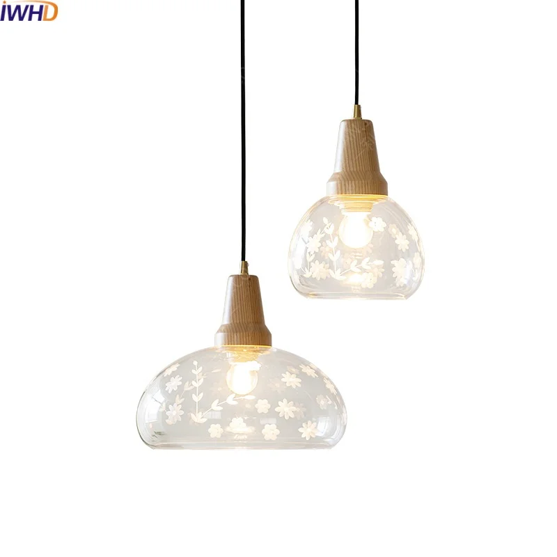 IWHD Glass Wood LED Pendant Lamp Bedroom Dining Room Kitchen Bar Carved Designs Modern Hanging Lights Fixtures Hanglampen