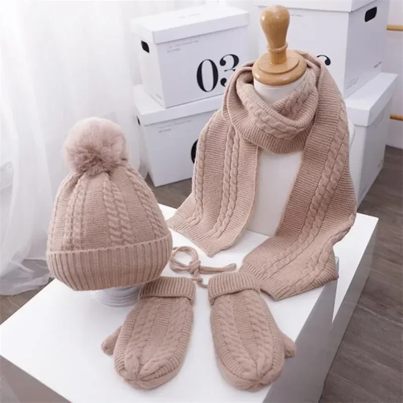 Children's Knitted Pompom Beanies Hat and Scarf Set Kids Hats and Scarfs Glove Solid Suit Warm Cap Boys Girls Winter 1-5T