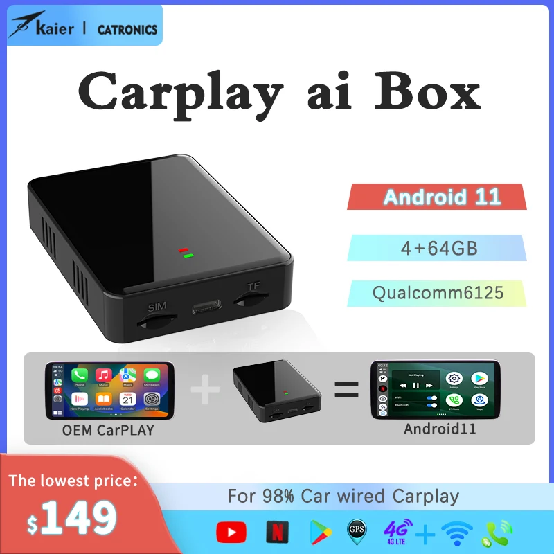 

CATRONICS CarPlay Ai Box Plus Android 11 4+64GB QCM 8-Core 6125 Wireless CarPlay Android Auto YouTube Netflix IPTV 4G LTE TV Box