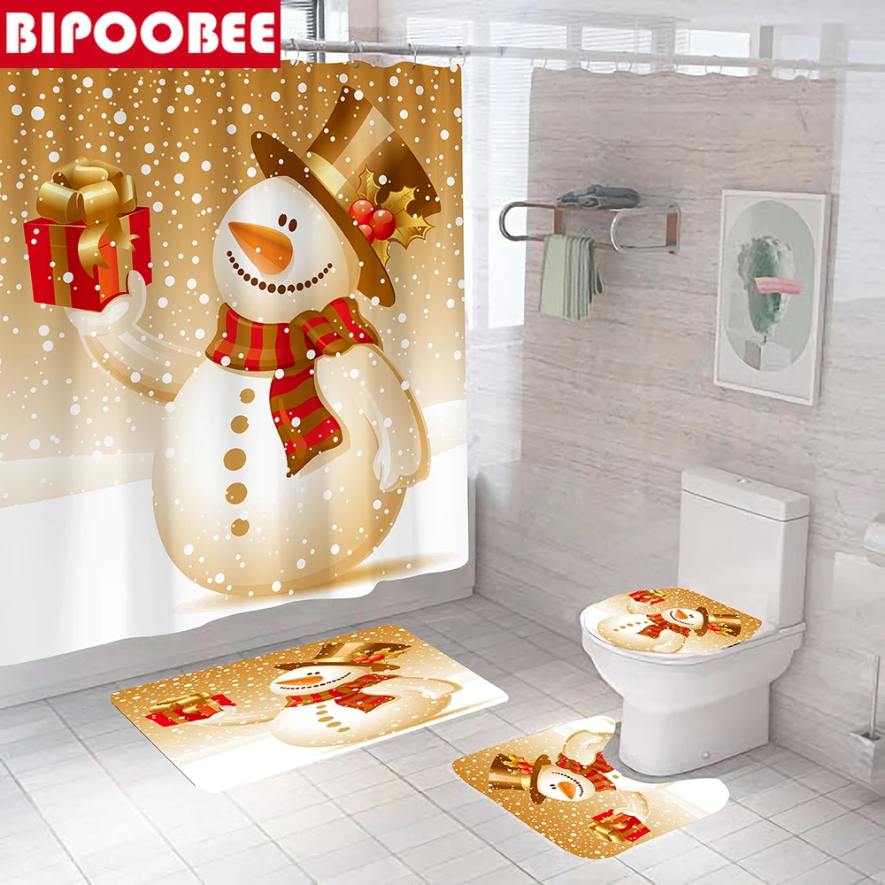 

Snowman Shower Curtain Merry Christmas Polyester Bathroom Curtains Anti-skid Bath Rugs Carpet Toilet Lid Cover Mat Set