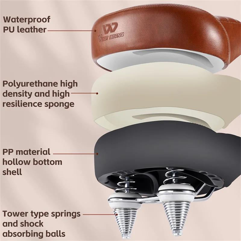 WEST BIKING Widen Bicycle Saddle Retro PU MTB Bike Cushion Comfortable Spring Shock Absorption Bike Saddle Cycling Accessories