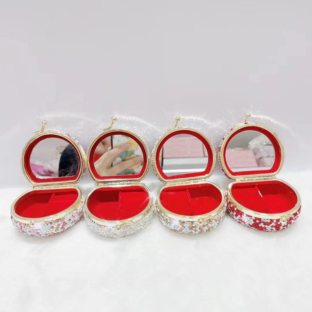 Luxury Mini Rhinestones Jewelry Box With Mirror Travel Portable Jewerly  Earring Necklace Organizer Box Wedding Ring Case Gift