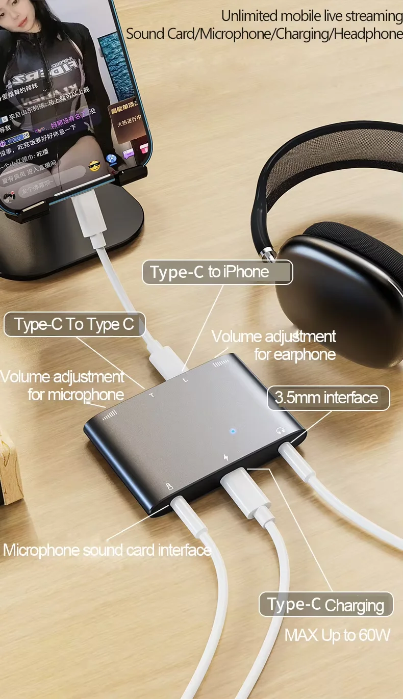 Mobile Phone Live Broadcast Adapter Type-C to 3.5 Splitter 2 in 1 Smartphone For iPhone 8 X 14 Pro Max With True Stereo Live