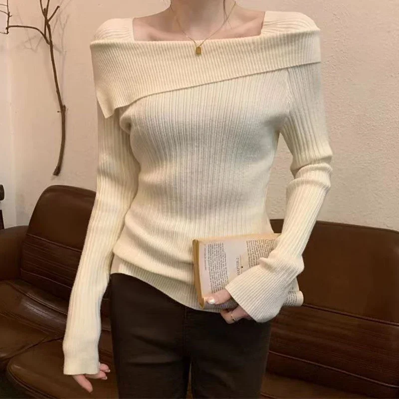 Suéter de punto ajustado con hombros descubiertos para mujer, Jersey de manga larga con cuello oblicuo, para oficina, otoño e invierno, 2023 - Imagen 4