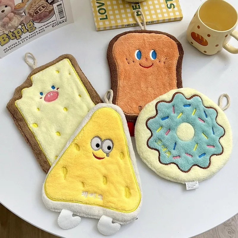 Cartoon Toast Hand Towel | Hanging Kitchen Baking Series Cloth, Thick Absorbent Bathroom Square Towel for Home Use Convenient