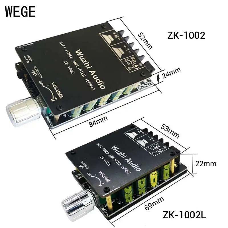WEGE ZK-1002 1002L 2*100W TPA3116D2 BT5.0 Mini Audio Power Digital Amplifier Board HIFI 2.0 Channels AMP AUX Stereo Wuzhi Audio
