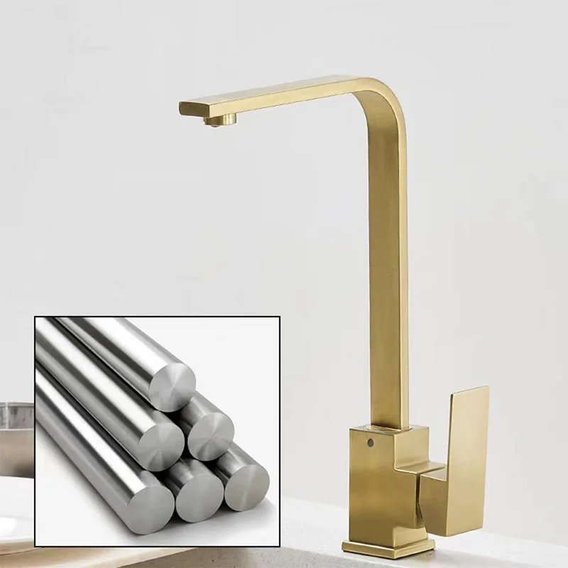 Brushed Gold Square Kitchen Faucet Stainless Steel Hot Cold Water Mixer Utility Bathroom Sink Tap 360 Degree Rotation Deck Mount