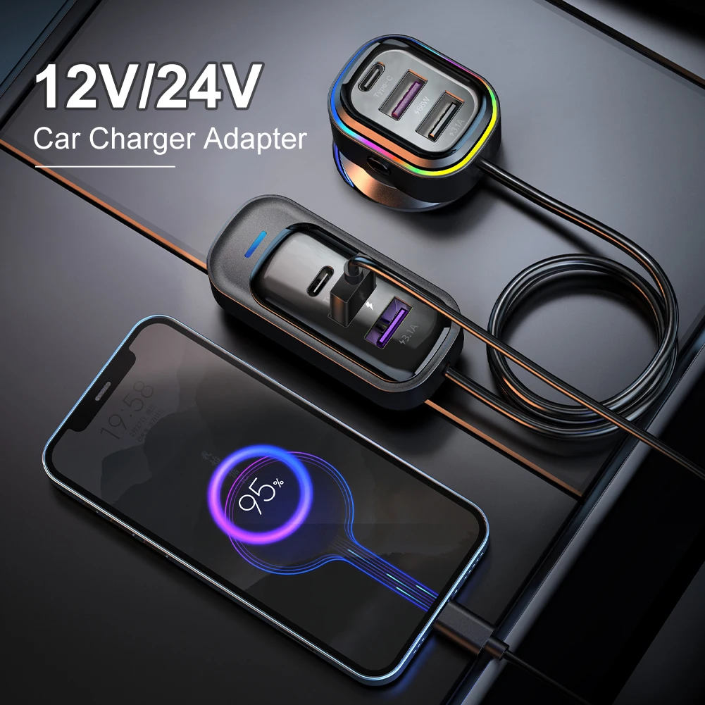 

66W Car Charger Adapter 12V/24V 6 Output Ports Type-C Charger With 1.5m Extension Cable For Back Seat Fast Charging Accessories