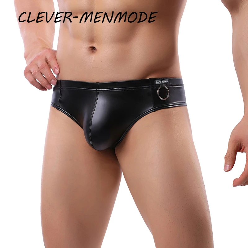 Faux Black Leather Men Underpants Mini Silver Metal Ring Decoration Stage Show Underwear Male Shorts Sexy Boxers Shorts mini blue tooth bt 5 3 phone selfie shutter remote control ring wireless smart remote controller page turner for ios android