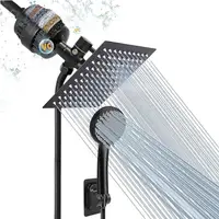 High Pressure Filtered Rain Shower Head Combo 8" Square with 5 Settings Handheld Stainless Steel Self-Adhesive Holder 1.5M Hose 1