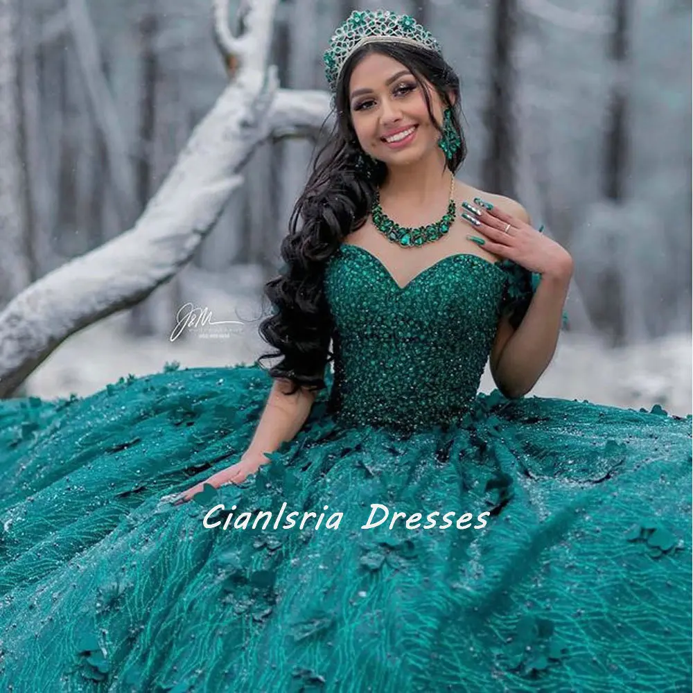 

Emerald Green 3D Flowers Off The Shoulder Corset Mexican Quinceanera Dress Ball Gown Glitter Crystal Beading Vestido De XV Anos