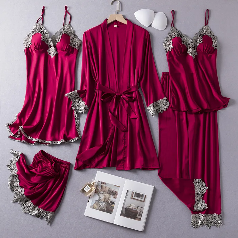 

Sexy Lace Trim Female Pajamas Five Piece Set Nightgown Summer Kimono Bath Robe Gown Sleepwear Silk Satin Pijamas Suit Home Wear