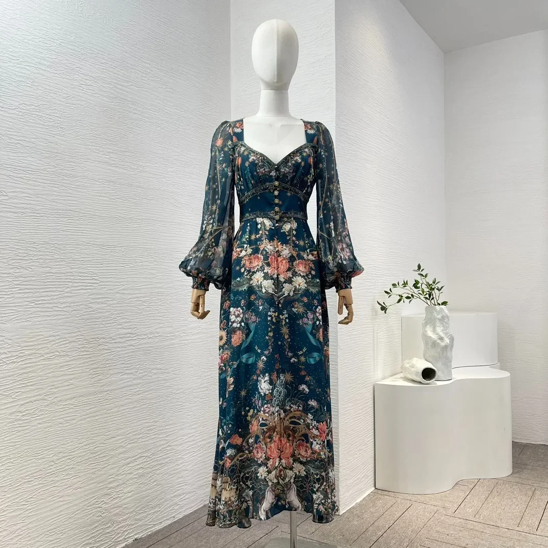 

Top Quality Women Fashion Navy Blue Floral Pint Long Sleeve Sweetheart Collar Diamonds Pressed Midi Dress Pure Silk 2024 Summer