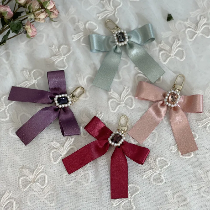 Japanese Custom Pearl Rhinestone Ribbon Bowknot Bag Pendants Key Ring Hanging Ornament Lolita Sweet Women Bag Charms