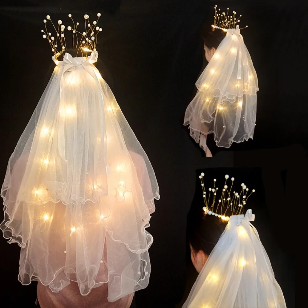 LED Feather Garland Veil Hair Crown Luminous Children Party Glow Wreath Headband Gift Wedding Decoration Cosplay Girls Headwear bridal wedding veils two layer 75cm comb ewhite veil for wedding party tulle veil new arrival