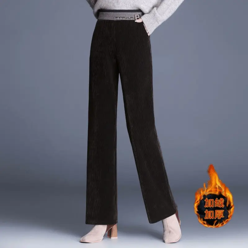 Women Casual Fleece Lined Wide Leg Pant High Quality Corduroy Stretch Casual Trousers Office Lady Plus Velvet Winter Pantalones