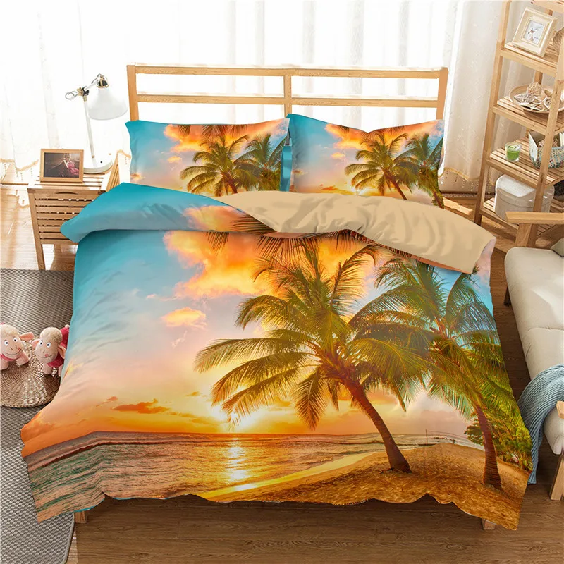 

Seaside Coconut Tree Dusk 3D Bedding Set Duvet Cover Pillowcases Quilt Cover Comforter Linen Room Decor Twin Queen King Size