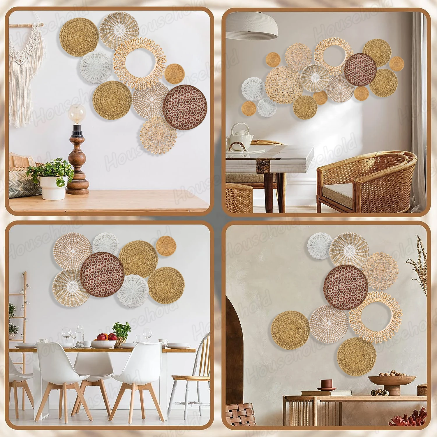 Set of 16 Hanging Woven Baskets Boho Handmade Wall Decor Round Rattan Straw Seagrass Baskets for Living Room/Kitchen/Bedroom 5