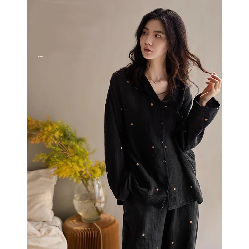 

Spring NEW Cotton Pajamas Women's Black Polka Dots Long-sleeved Suits Can be Worn outside a High-quality Loungewear Set