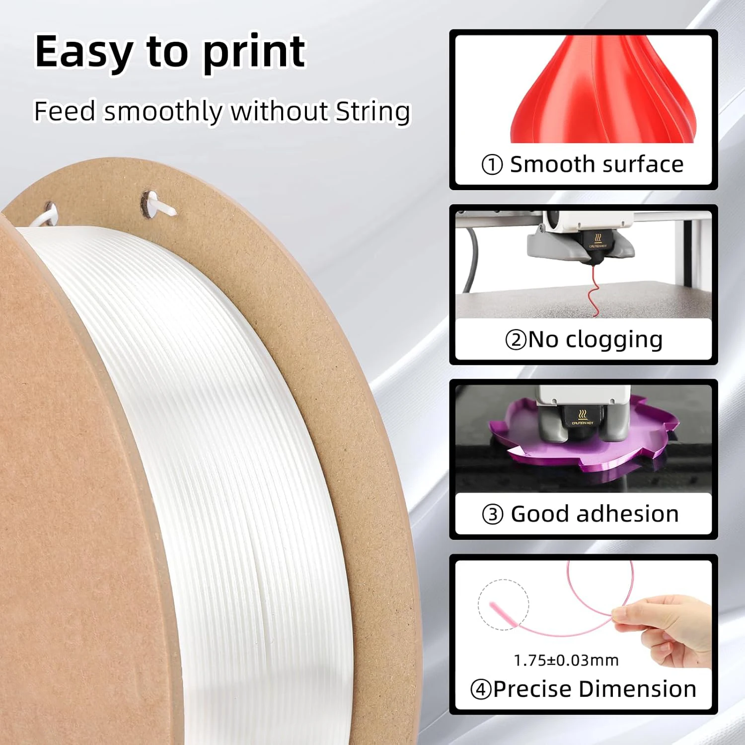 1.75mm 실크 PLA, 핑크/화이트/블루/퍼플, 200g/250g/500g/1kg, 대부분의 FDM 3D 프린터용