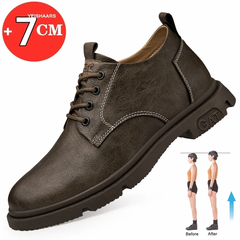 Men Business Cow Leather Shoes Men's Casual Breathable Work Boots Height Increase 7CM Shoes Comfortable Inside Elevator