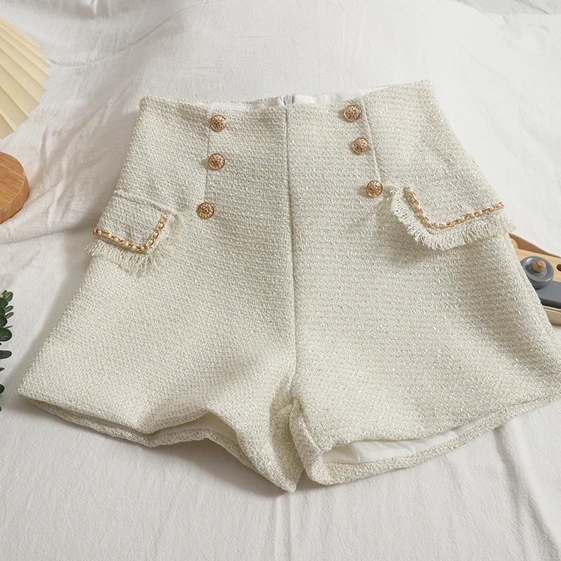 Korean-Style Women's Double-Breasted High Waist Shorts 2023 Autumn Easy Matching Elegant Slimming Straight Tweed Shorts Trendy