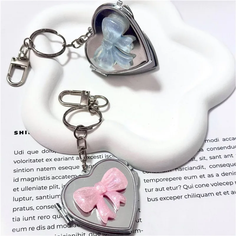 New Heart Shape Bow Folding Mirror Keychain Charm Double Sided Love Cosmetic Mirror Key Holder Y2K Bag Pendant Trendy Decor 4