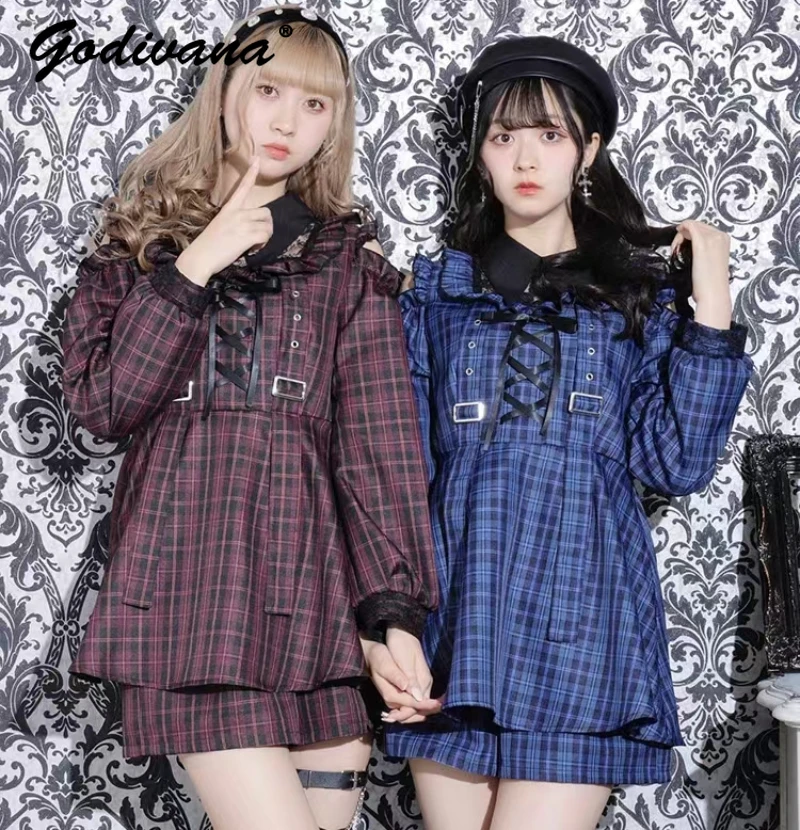 Japanese New Autumn Retro Long Sleeve Shirt Dress and Short Set Mine Series Mass Production Women's Two Piece Plaid Set Outfits