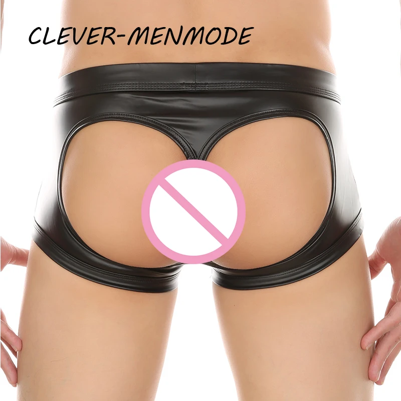 Men's Sexy PU Open Buttocks Boxers U Convex Big Bag T Back men underwear Breathable G-String Faux Leather Open Back Hip Panties