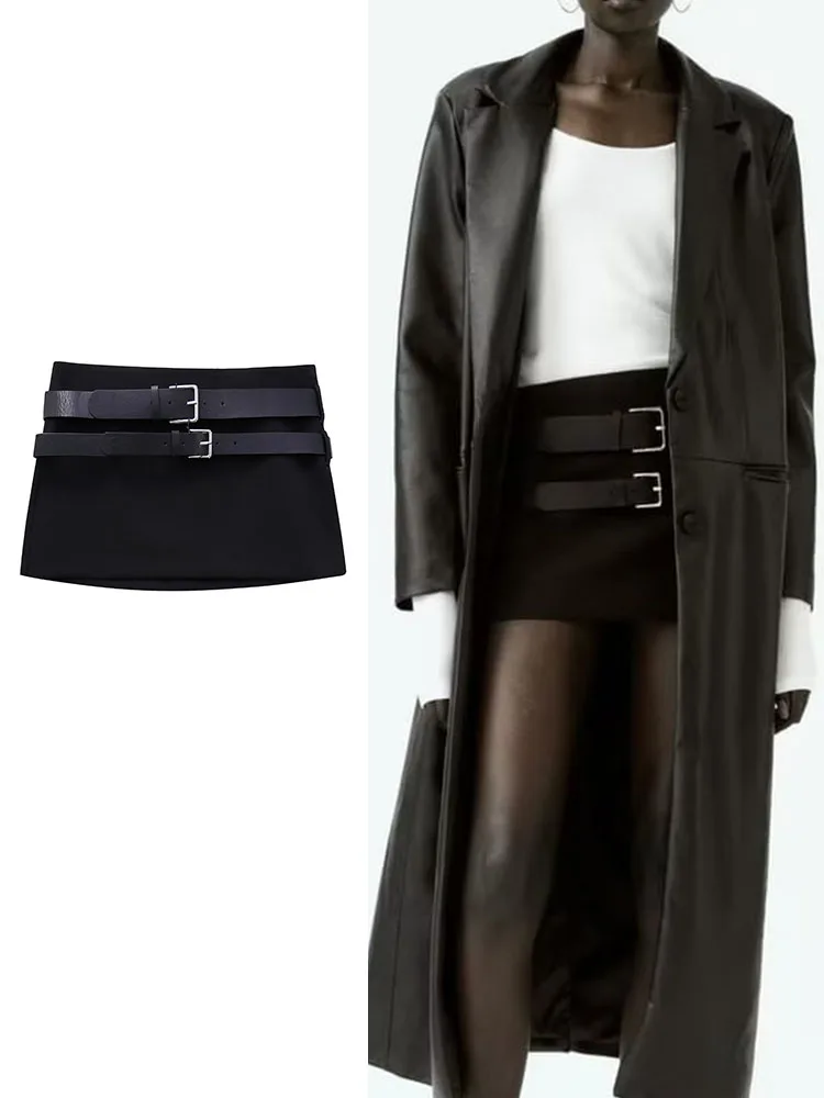 

TRAF Women Double Belt Mini Skirt 2023 Sexy Female Solid A-Line Dress Back Zipper Spice Girl Hottiesweet Style Outfit