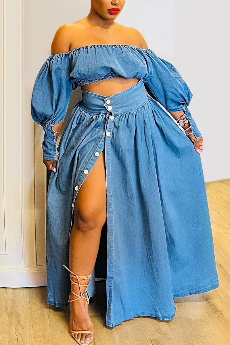 Women's Plus Size Casual Off The Shoulder Split Button Two Pieces Demin Skirt Set Lantern Sleeve Vintage Crop Top Matching Set тангента baofeng shoulder speaker mic 1xptt for uv9r 9r plus s56