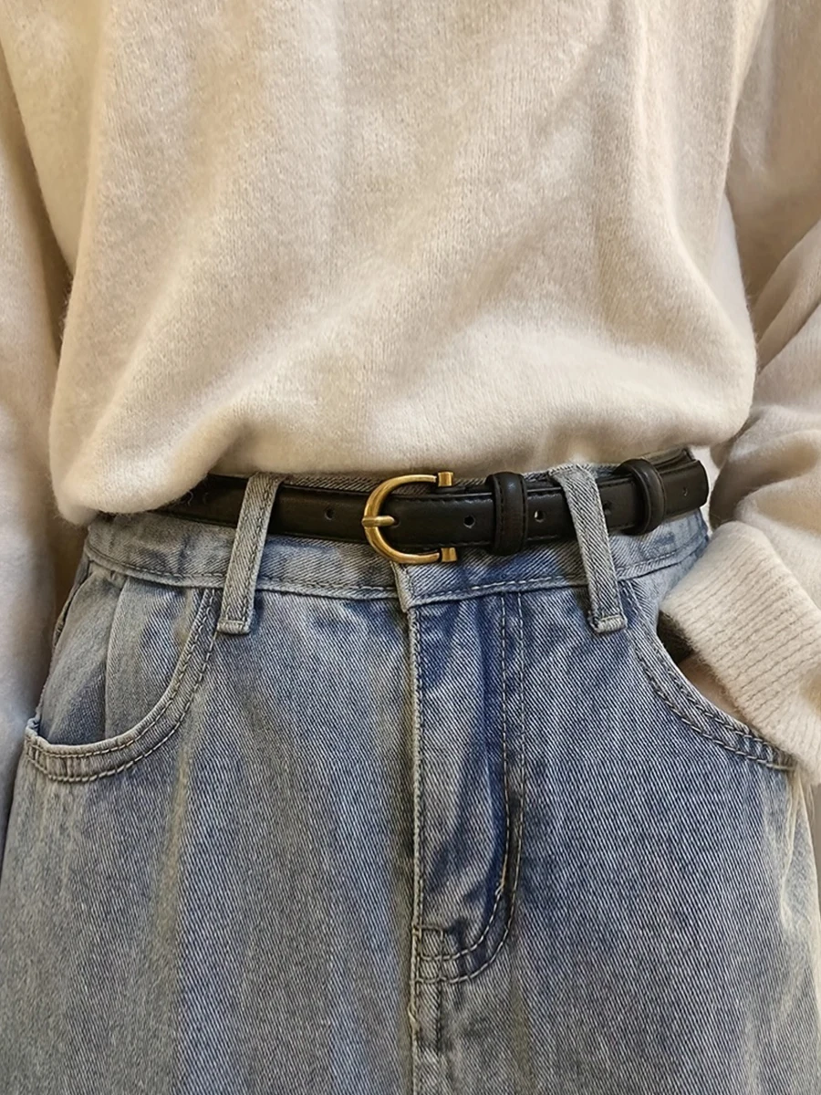 Retro Halbkreis Schnalle Gürtel Damen stilvolle Pu Leder dünnen Bund Druck linie Rand Dekoration Hose vielseitige Taille Band – Detail 1